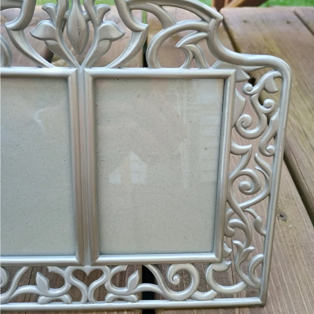 Vintage 1997 HB Group Double Picture Frame Pewter Tone Ornate Tabletop